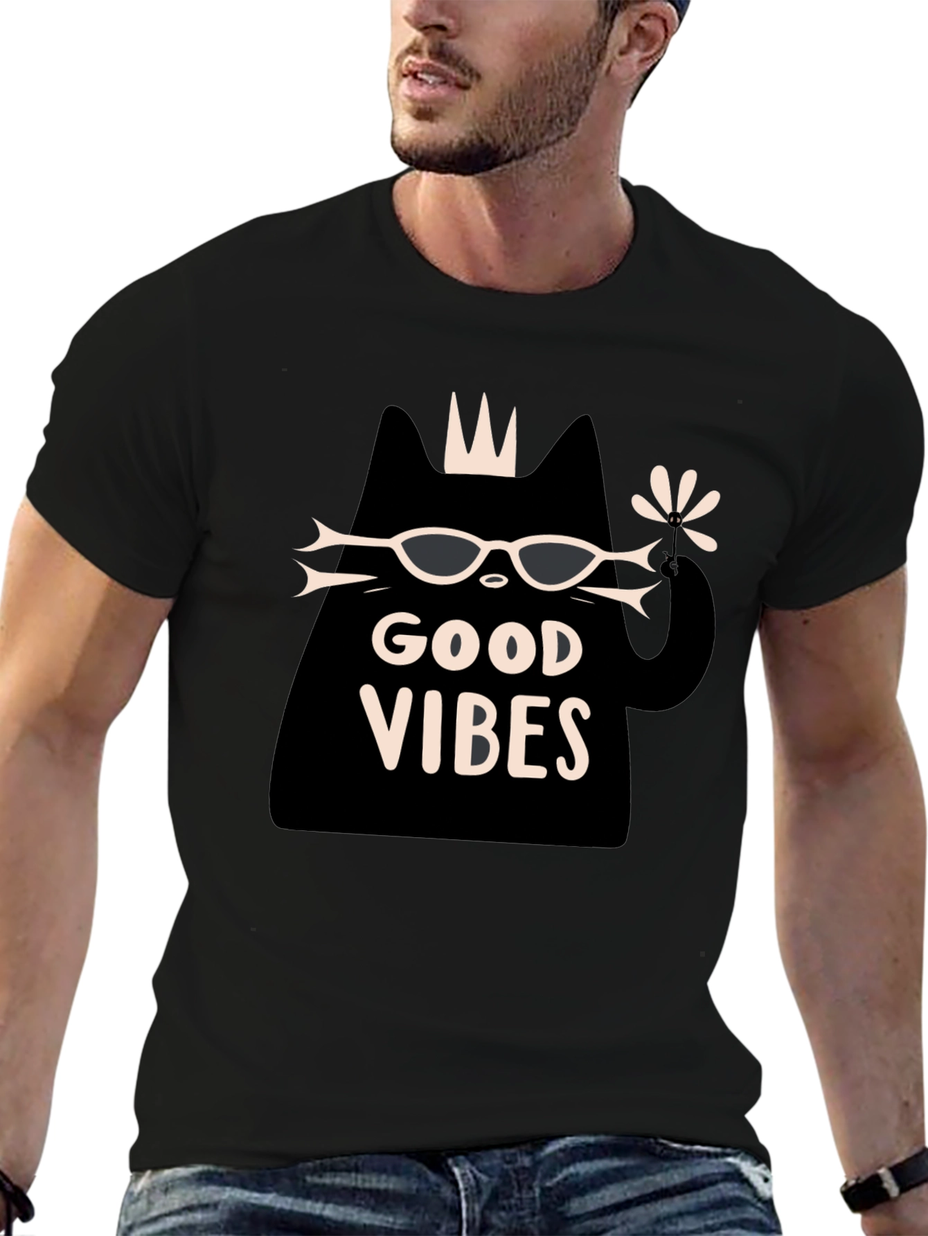 Camiseta Negra Good Vibes con Diseño de Gato