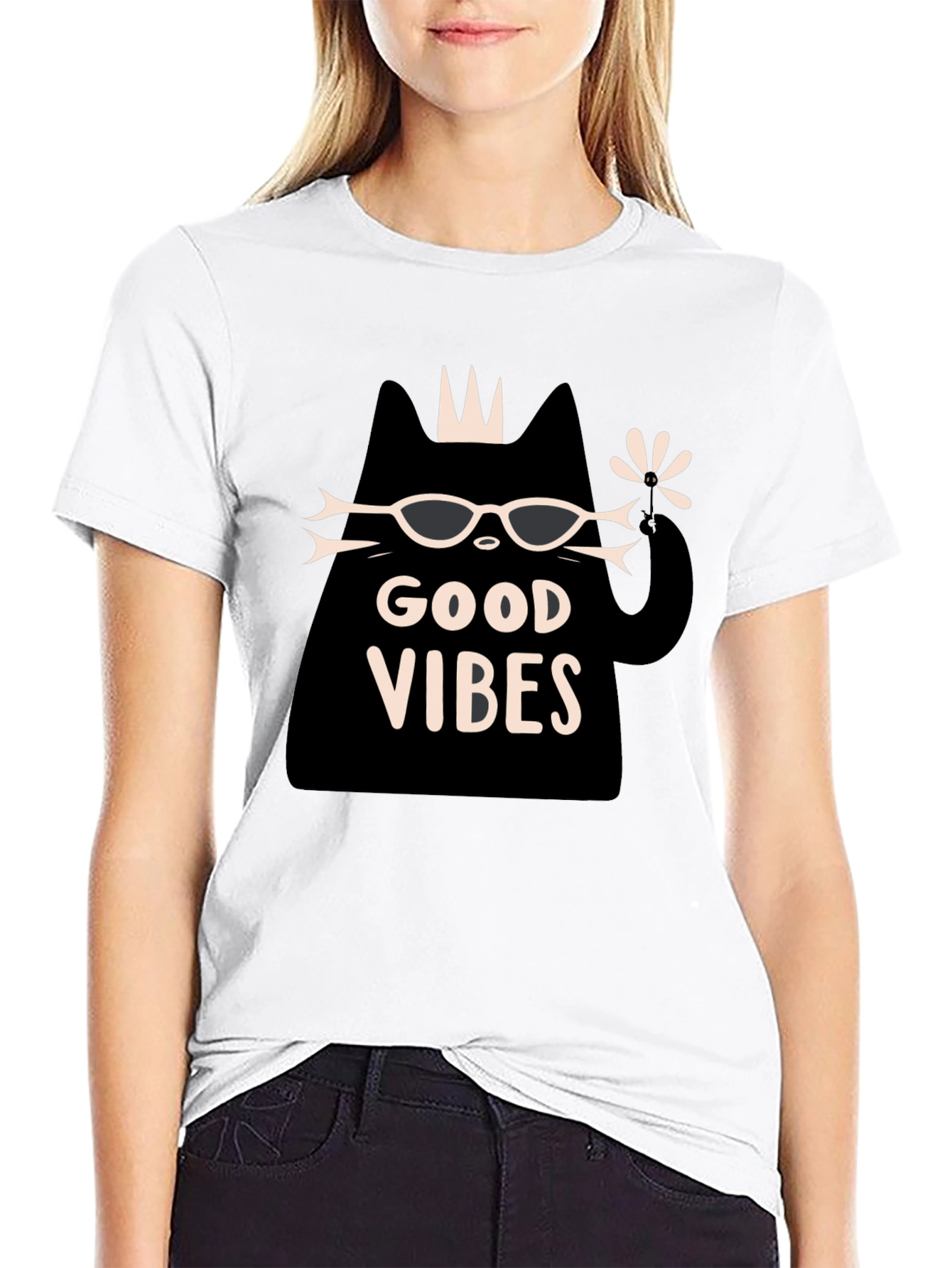 Camiseta Negra Good Vibes con Diseño de Gato