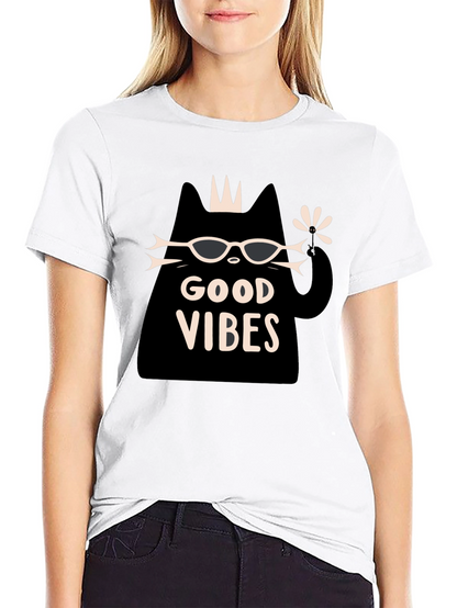 Camiseta Negra Good Vibes con Diseño de Gato