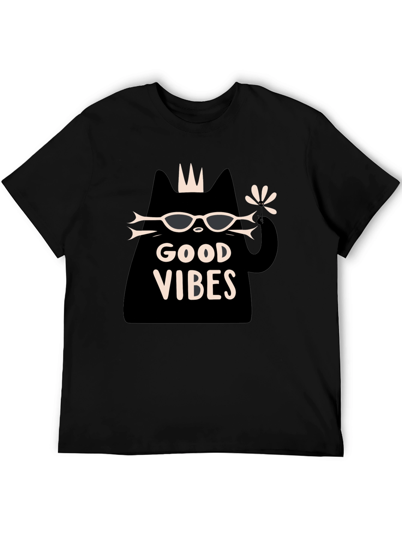 Camiseta Negra Good Vibes con Diseño de Gato