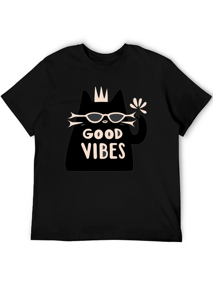 Camiseta Negra Good Vibes con Diseño de Gato