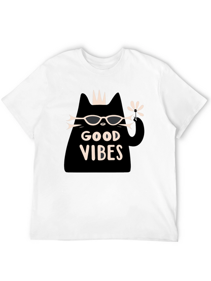 Camiseta Negra Good Vibes con Diseño de Gato