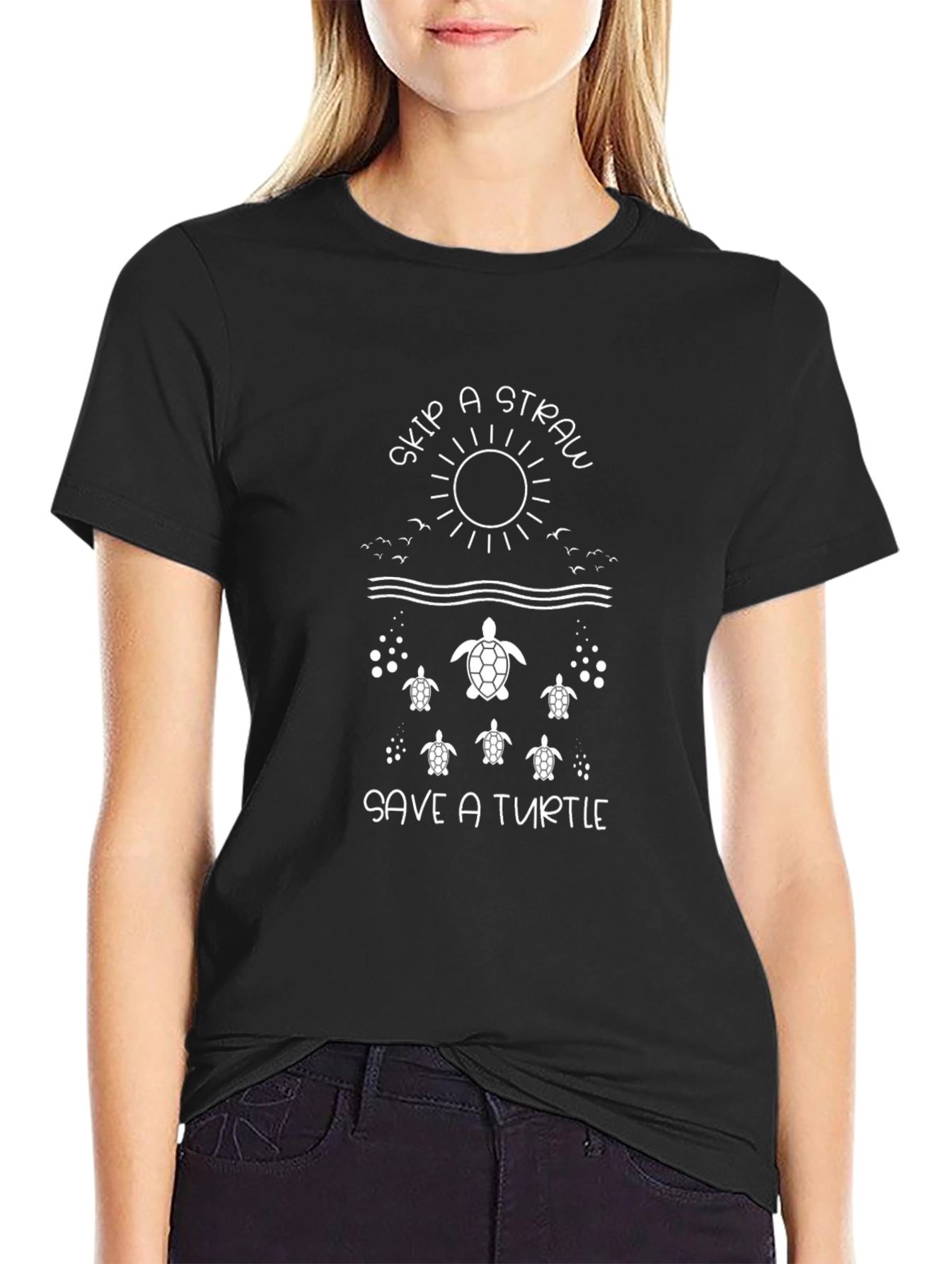 Camiseta Negra Skip a Straw Save a Turtle