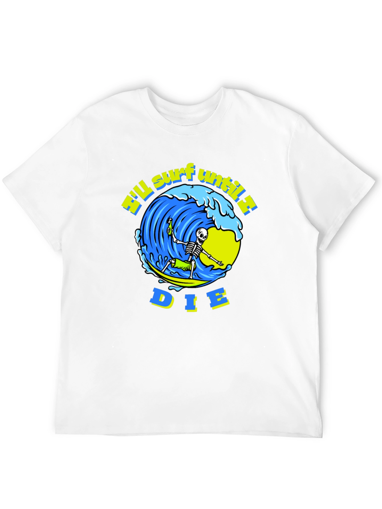 Camiseta Negra Calavera Surfista - ¡Surfearé Hasta Morir!