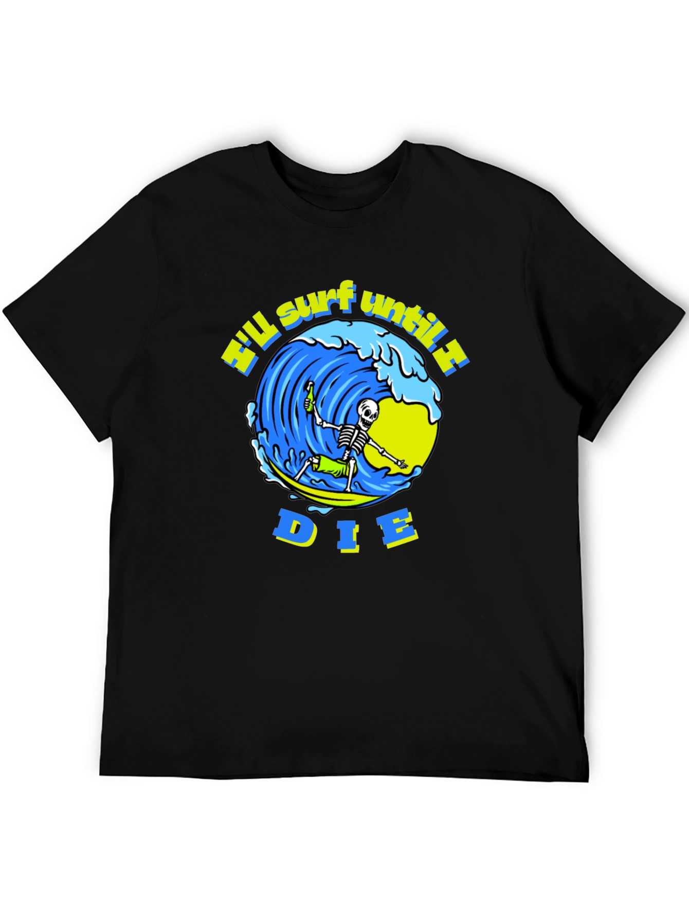 Camiseta Negra Calavera Surfista - ¡Surfearé Hasta Morir!