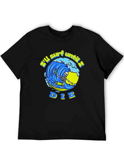 Camiseta Negra Calavera Surfista - ¡Surfearé Hasta Morir!