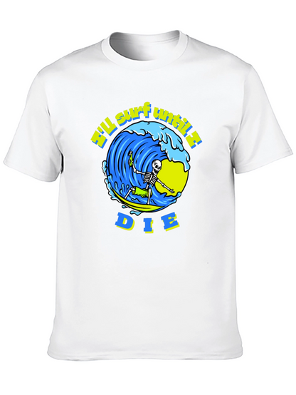 Camiseta Negra Calavera Surfista - ¡Surfearé Hasta Morir!