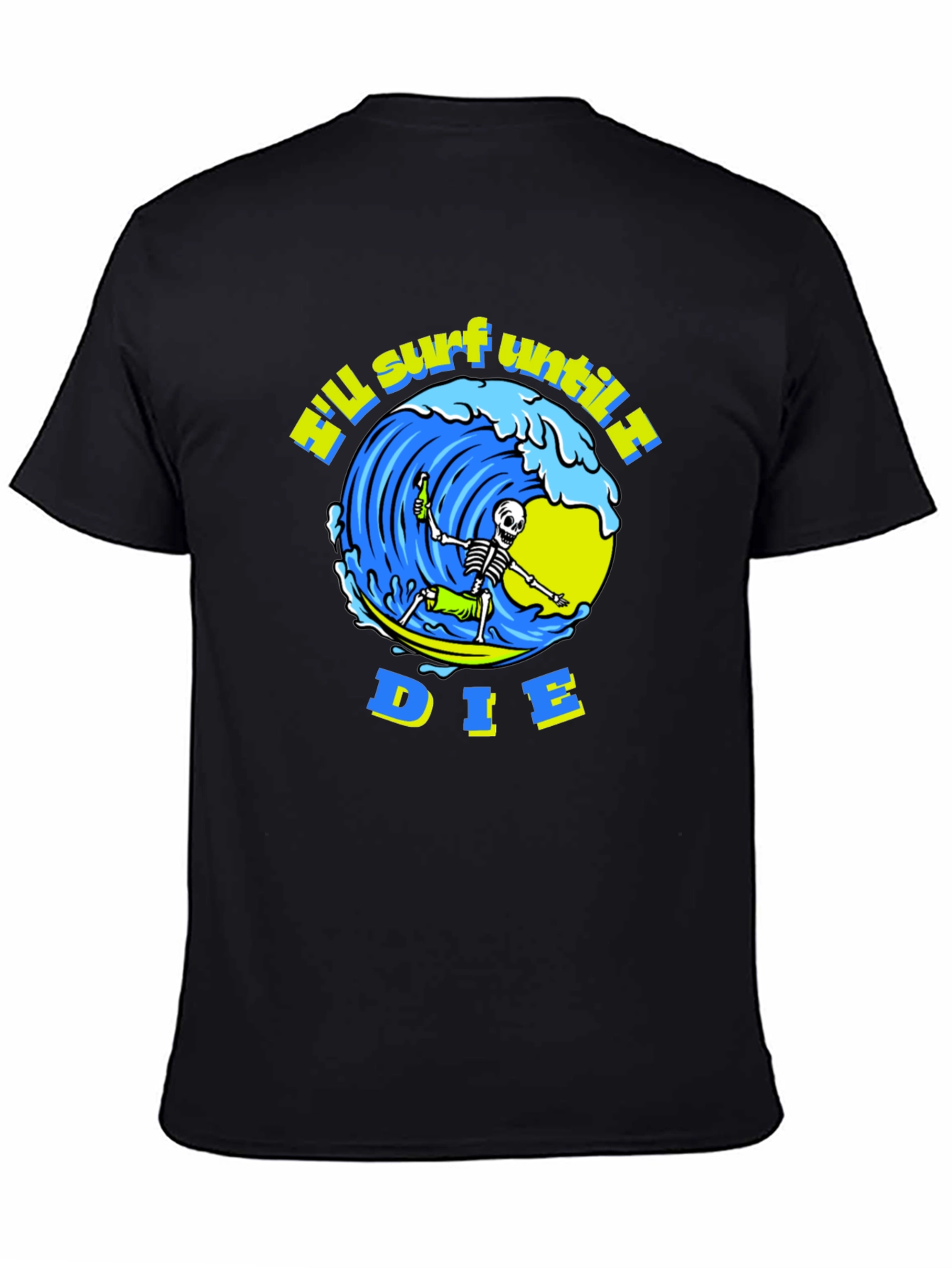 Camiseta Negra Calavera Surfista - ¡Surfearé Hasta Morir!