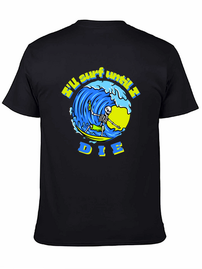 Camiseta Negra Calavera Surfista - ¡Surfearé Hasta Morir!
