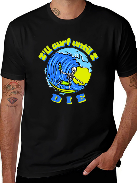 Camiseta Negra Calavera Surfista - ¡Surfearé Hasta Morir!