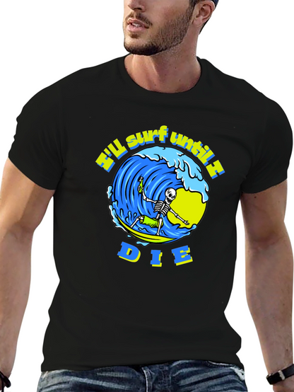Camiseta Negra Calavera Surfista - ¡Surfearé Hasta Morir!