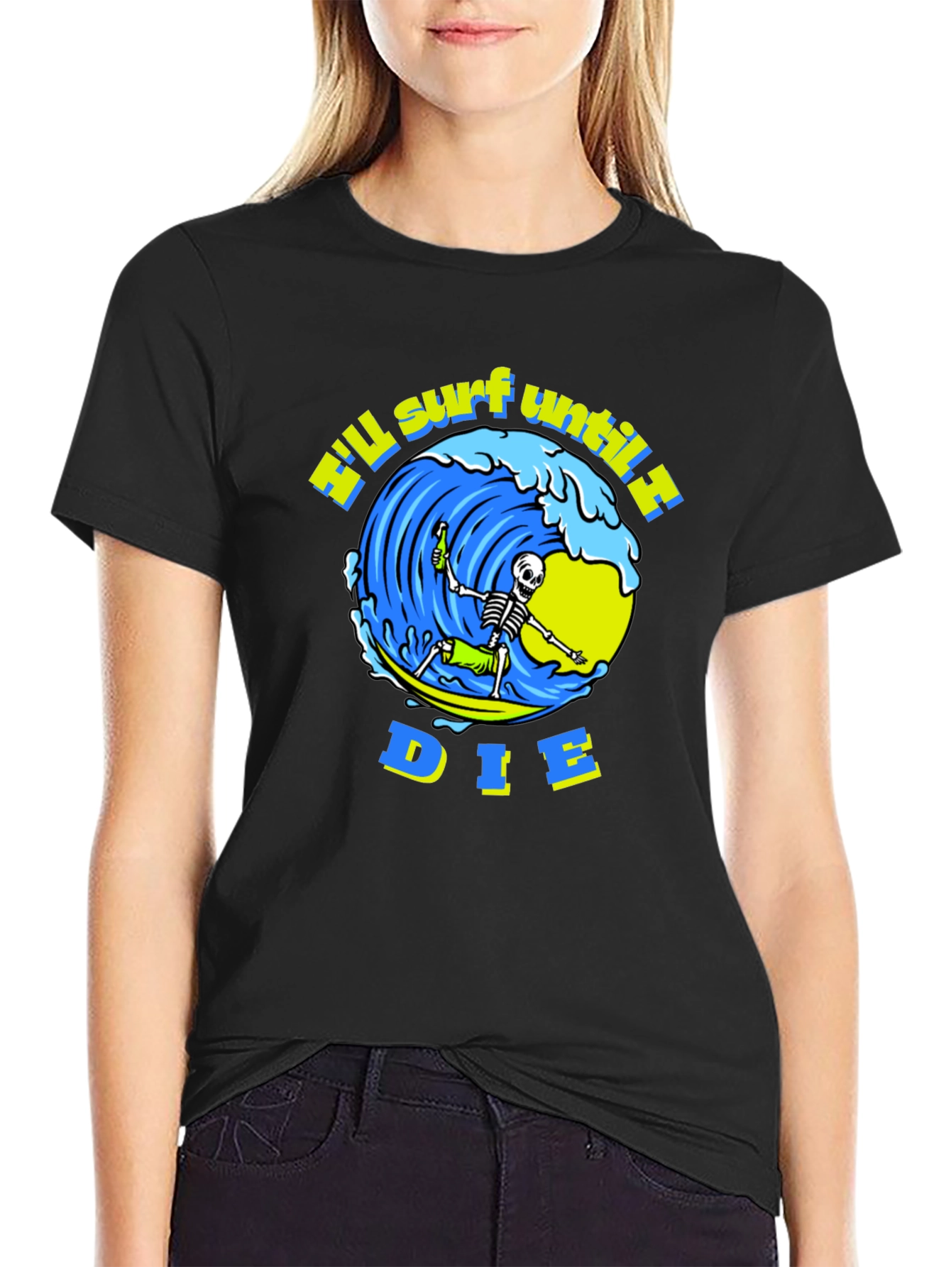 Camiseta Negra Calavera Surfista - ¡Surfearé Hasta Morir!