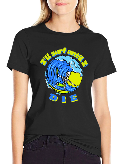Camiseta Negra Calavera Surfista - ¡Surfearé Hasta Morir!
