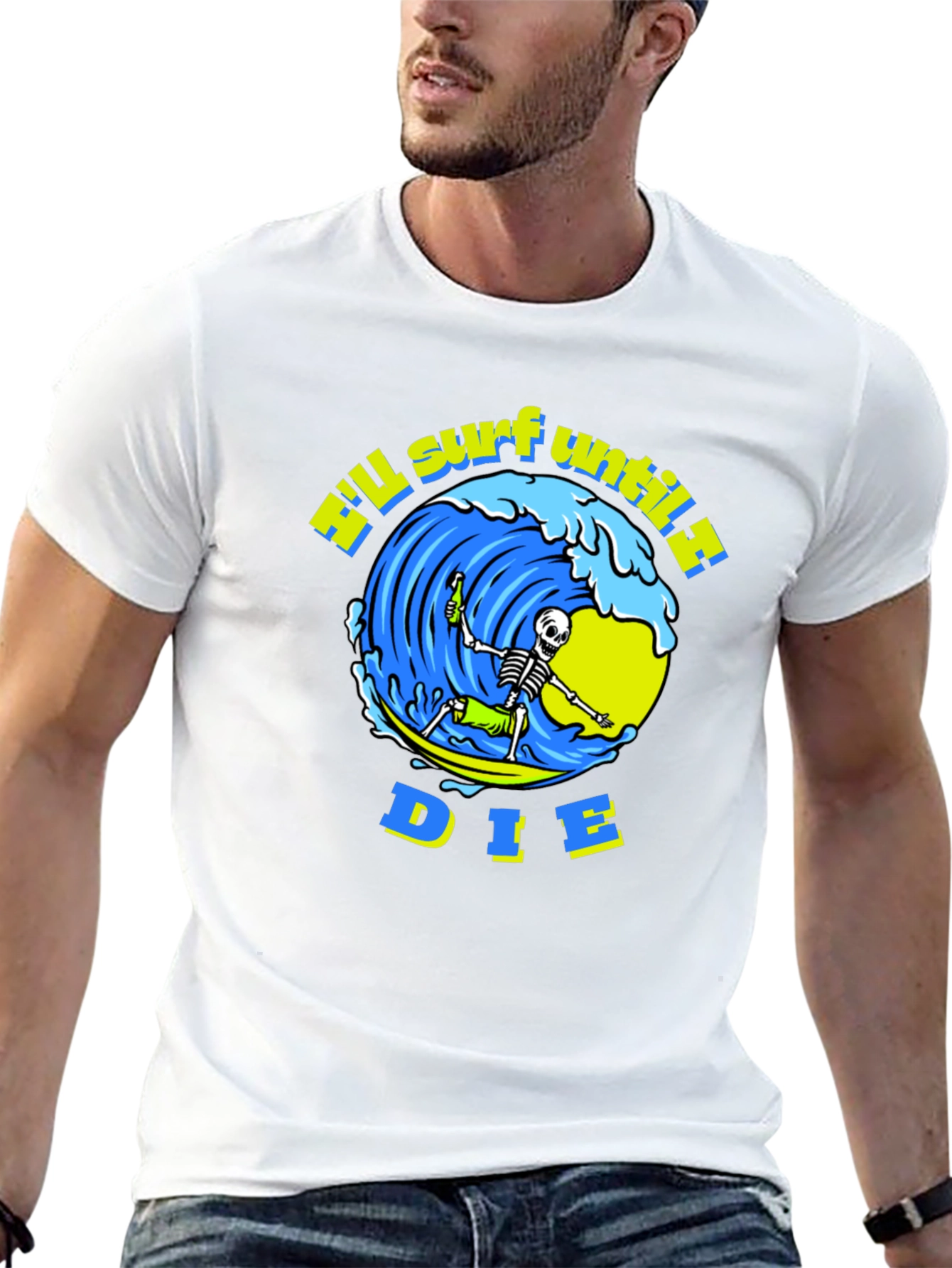 Camiseta Negra Calavera Surfista - ¡Surfearé Hasta Morir!