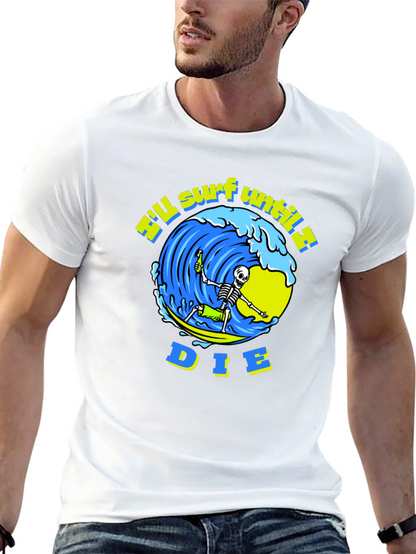 Camiseta Negra Calavera Surfista - ¡Surfearé Hasta Morir!