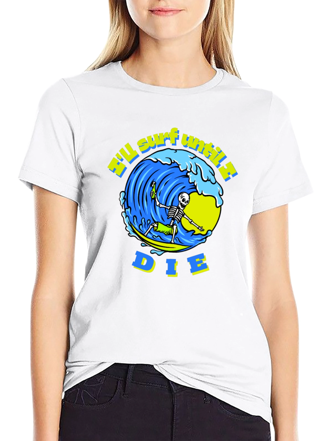 Camiseta Negra Calavera Surfista - ¡Surfearé Hasta Morir!