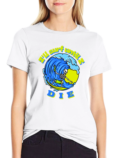 Camiseta Negra Calavera Surfista - ¡Surfearé Hasta Morir!