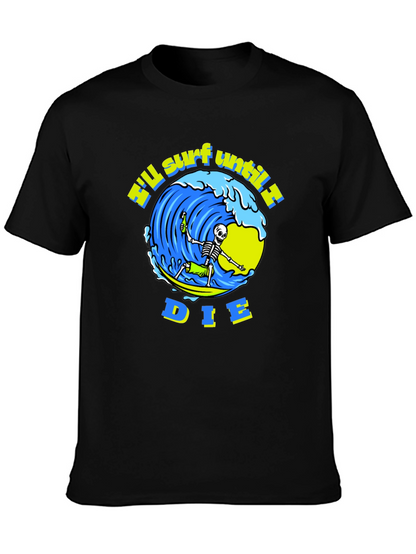 Camiseta Negra Calavera Surfista - ¡Surfearé Hasta Morir!