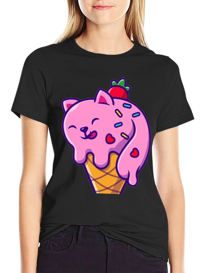Camiseta Negra con Diseño de Gato Helado