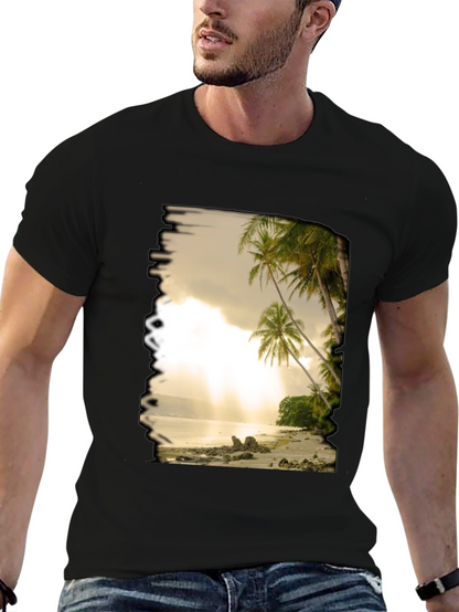 Camiseta Negra con Diseño de Playa Tropical