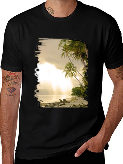 Camiseta Negra con Diseño de Playa Tropical