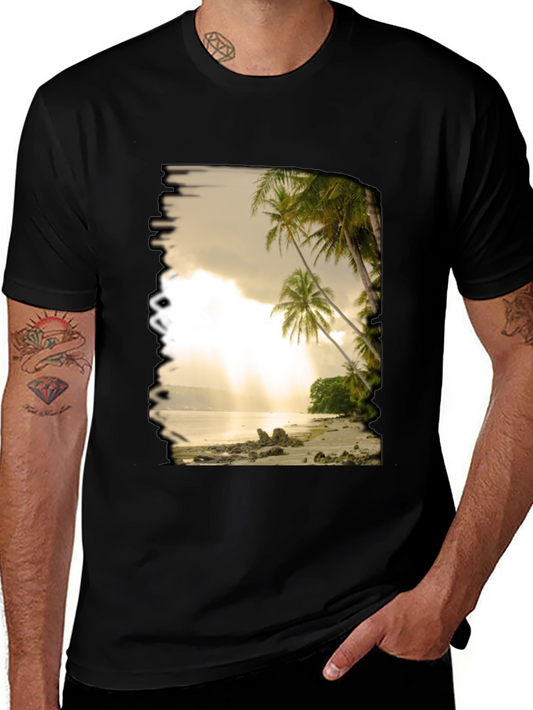 Camiseta Negra con Diseño de Playa Tropical