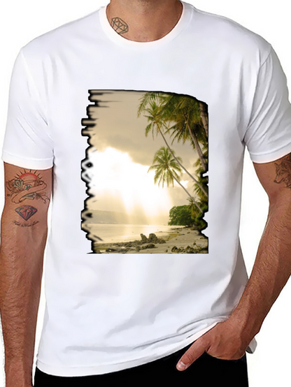 Camiseta Negra con Diseño de Playa Tropical