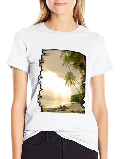 Camiseta Negra con Diseño de Playa Tropical