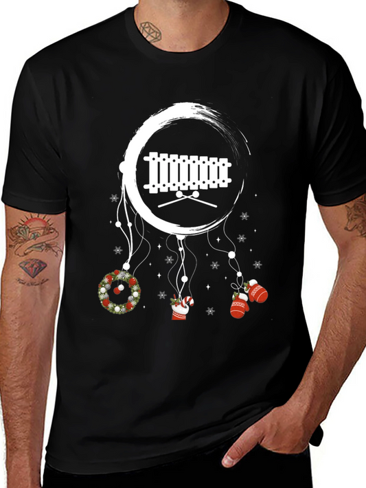 Camiseta Negra Navideña con Xilófono y Adornos Colgantes