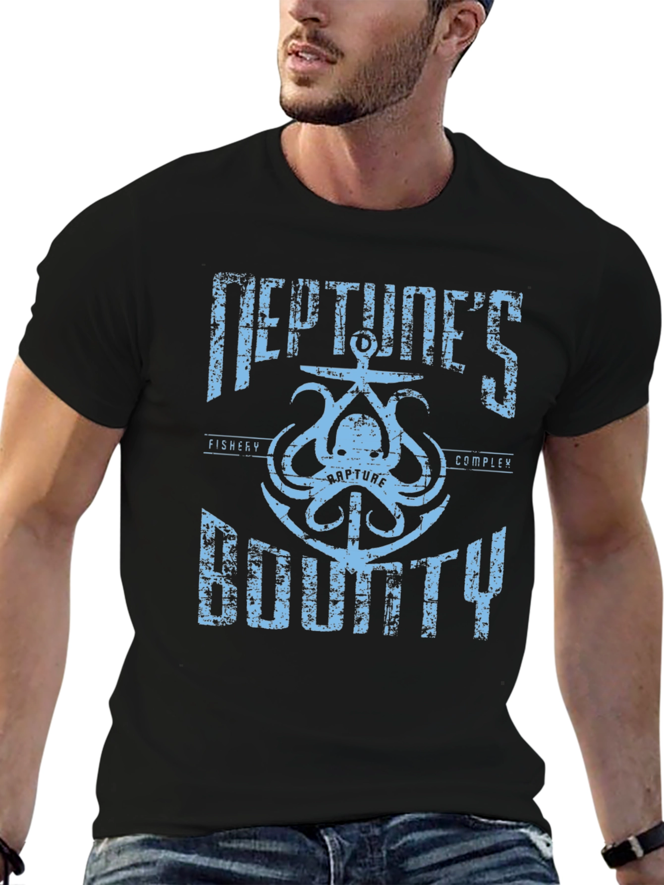 Camiseta Negra con Diseño de Neptuno BioShock
