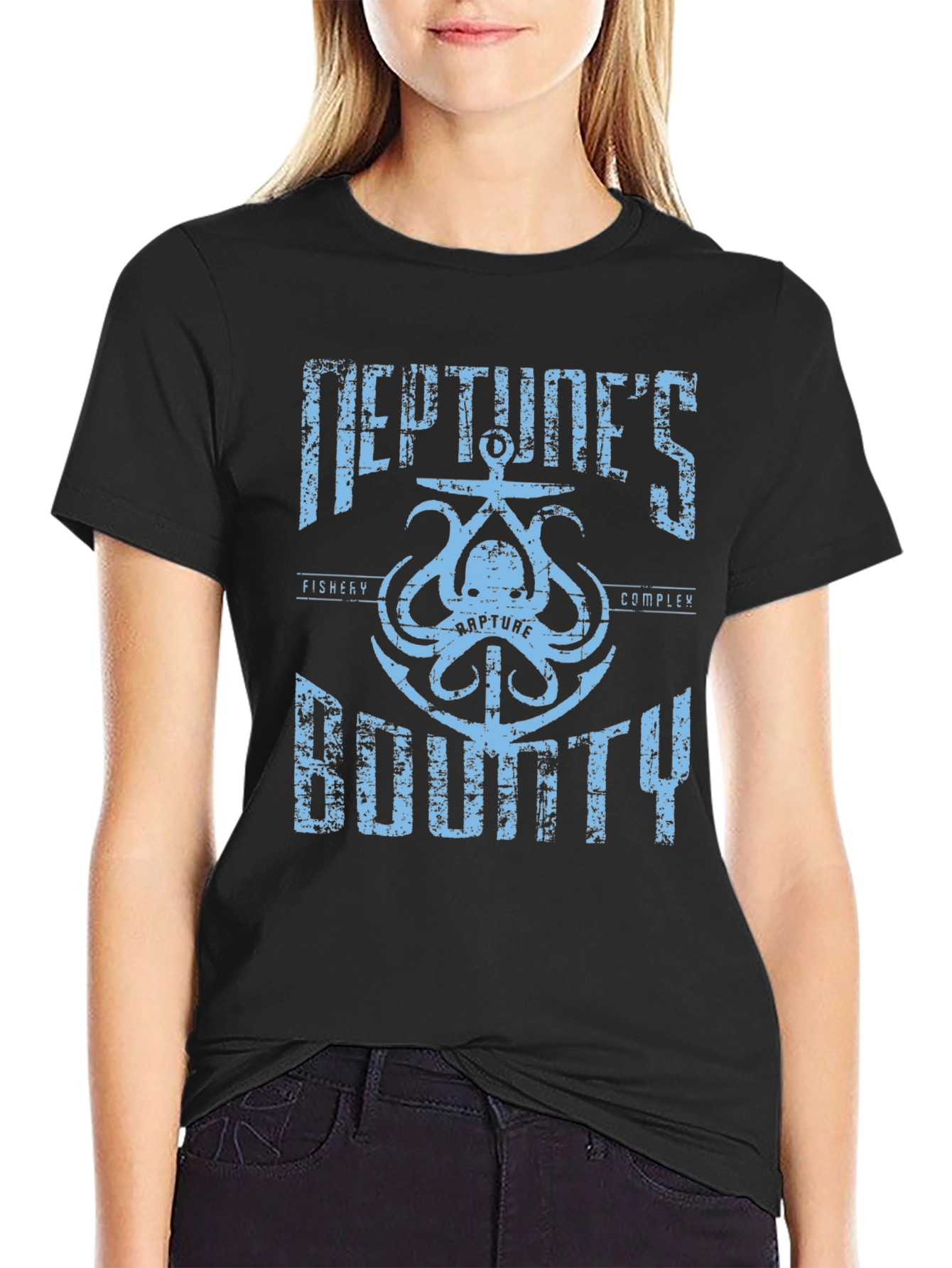 Camiseta Negra con Diseño de Neptuno BioShock