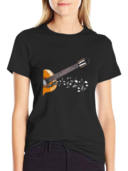 Camiseta Negra con Diseño de Guitarra y Notas Musicales