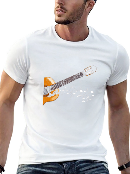 Camiseta Negra con Diseño de Guitarra y Notas Musicales