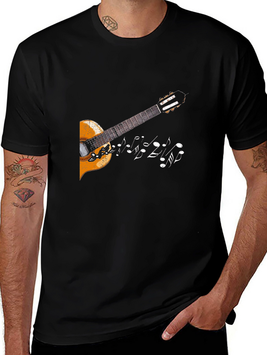Camiseta Negra con Diseño de Guitarra y Notas Musicales