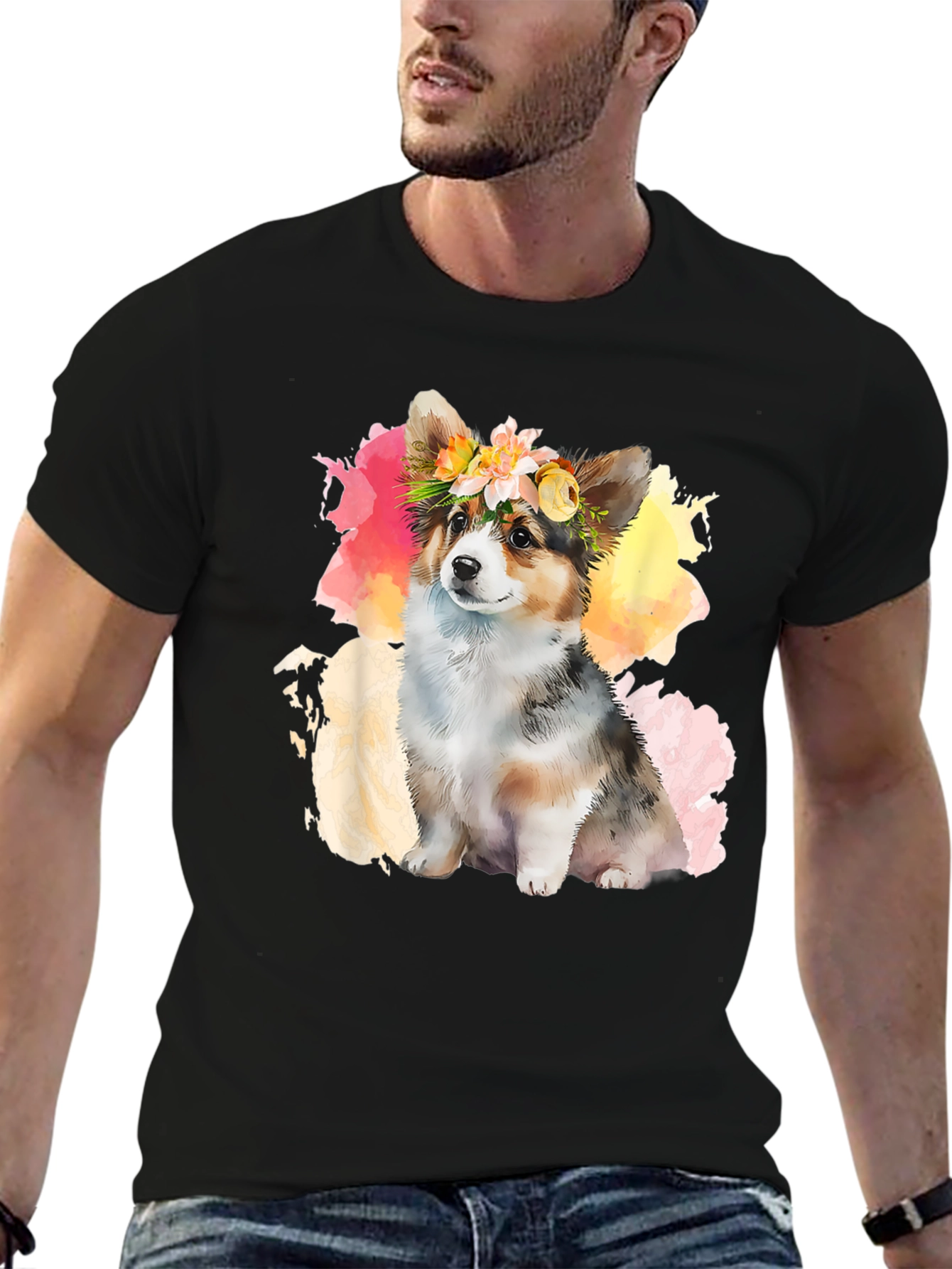 Camiseta Negra con Corgi Floral