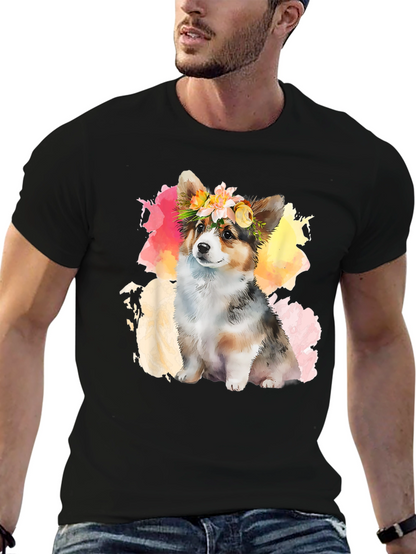 Camiseta Negra con Corgi Floral