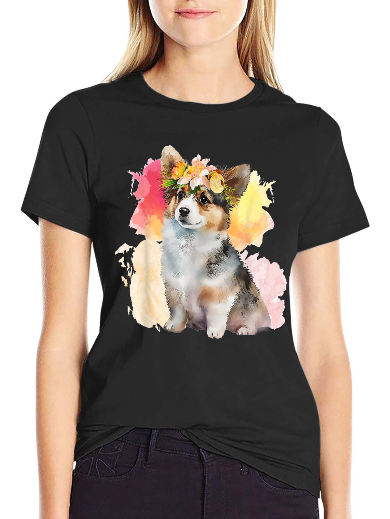 Camiseta Negra con Corgi Floral