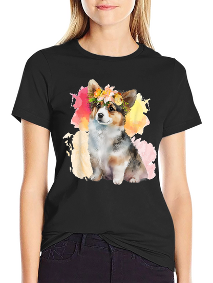 Camiseta Negra con Corgi Floral