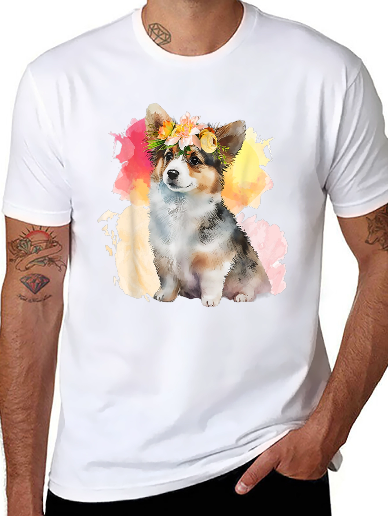 Camiseta Negra con Corgi Floral