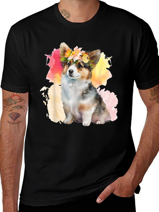 Camiseta Negra con Corgi Floral