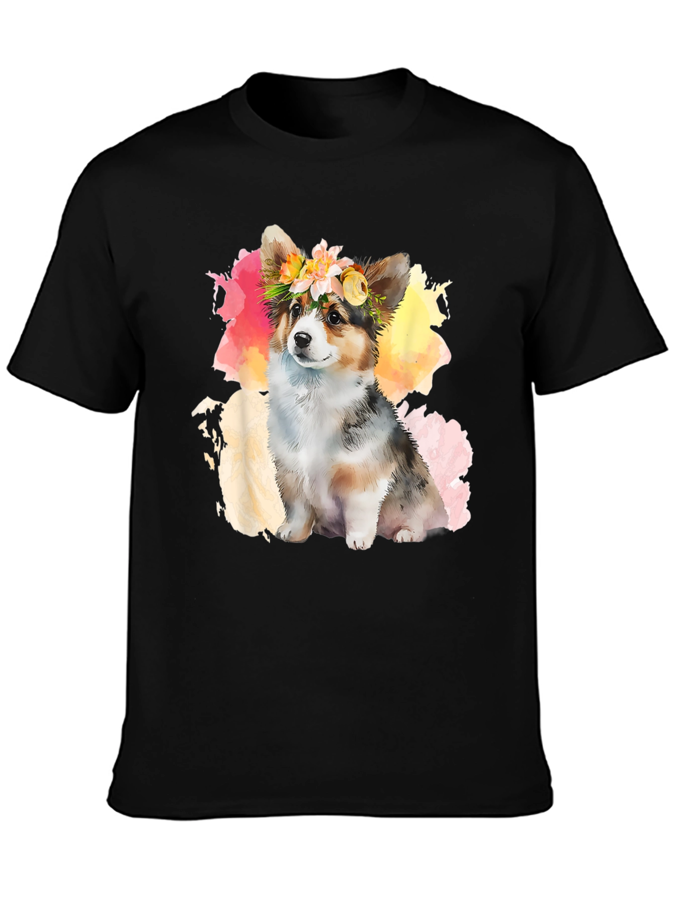 Camiseta Negra con Corgi Floral