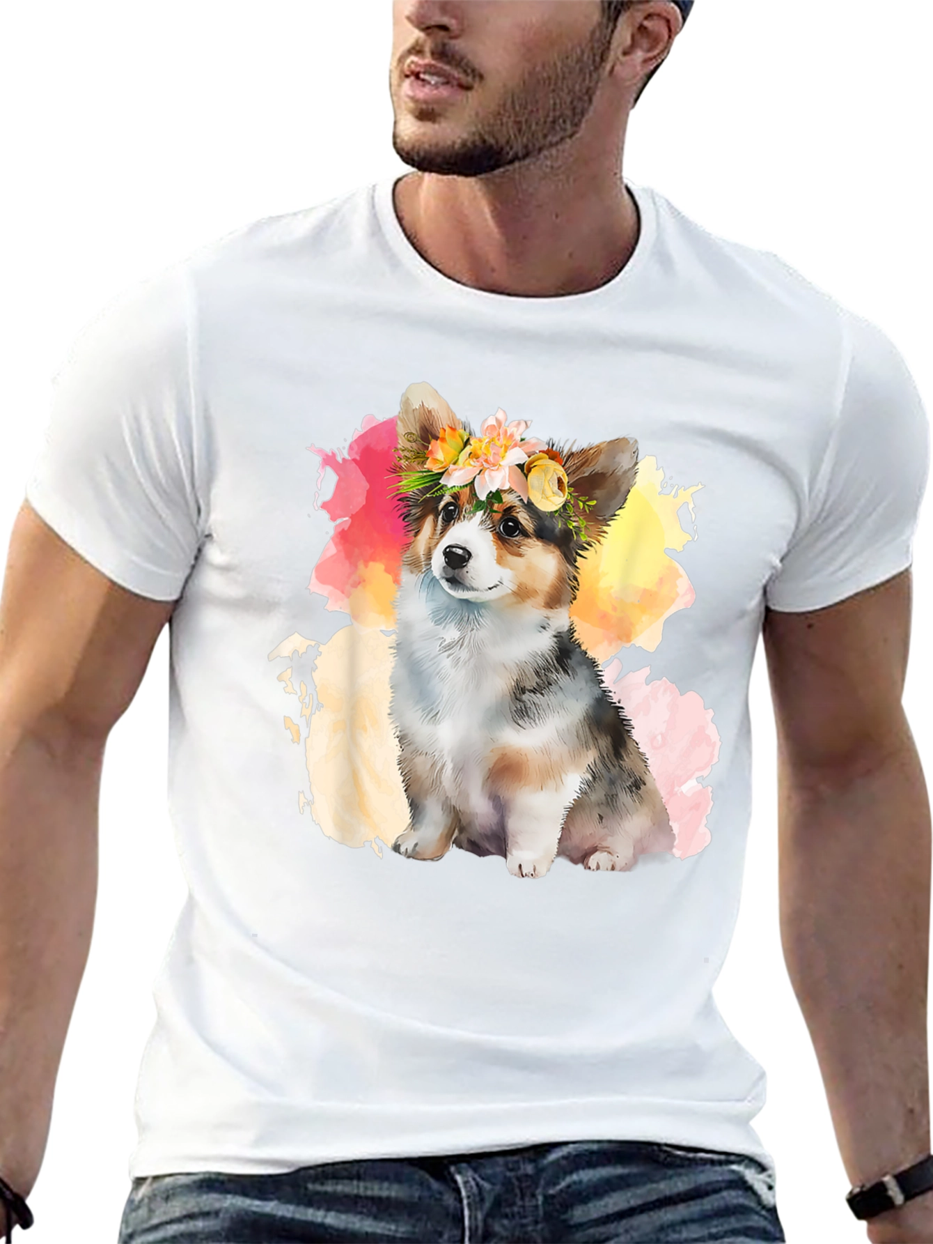Camiseta Negra con Corgi Floral