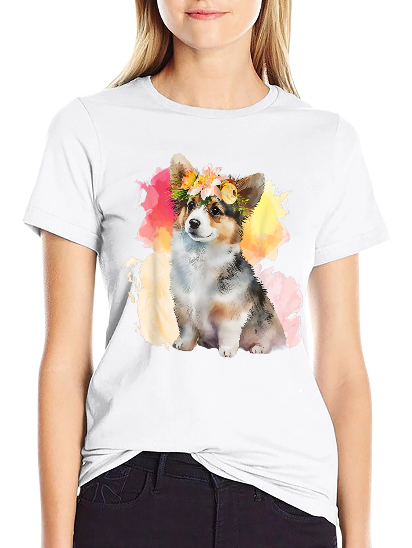 Camiseta Negra con Corgi Floral