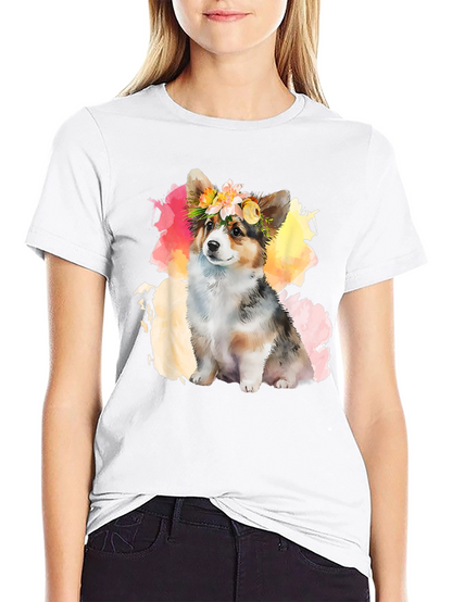 Camiseta Negra con Corgi Floral