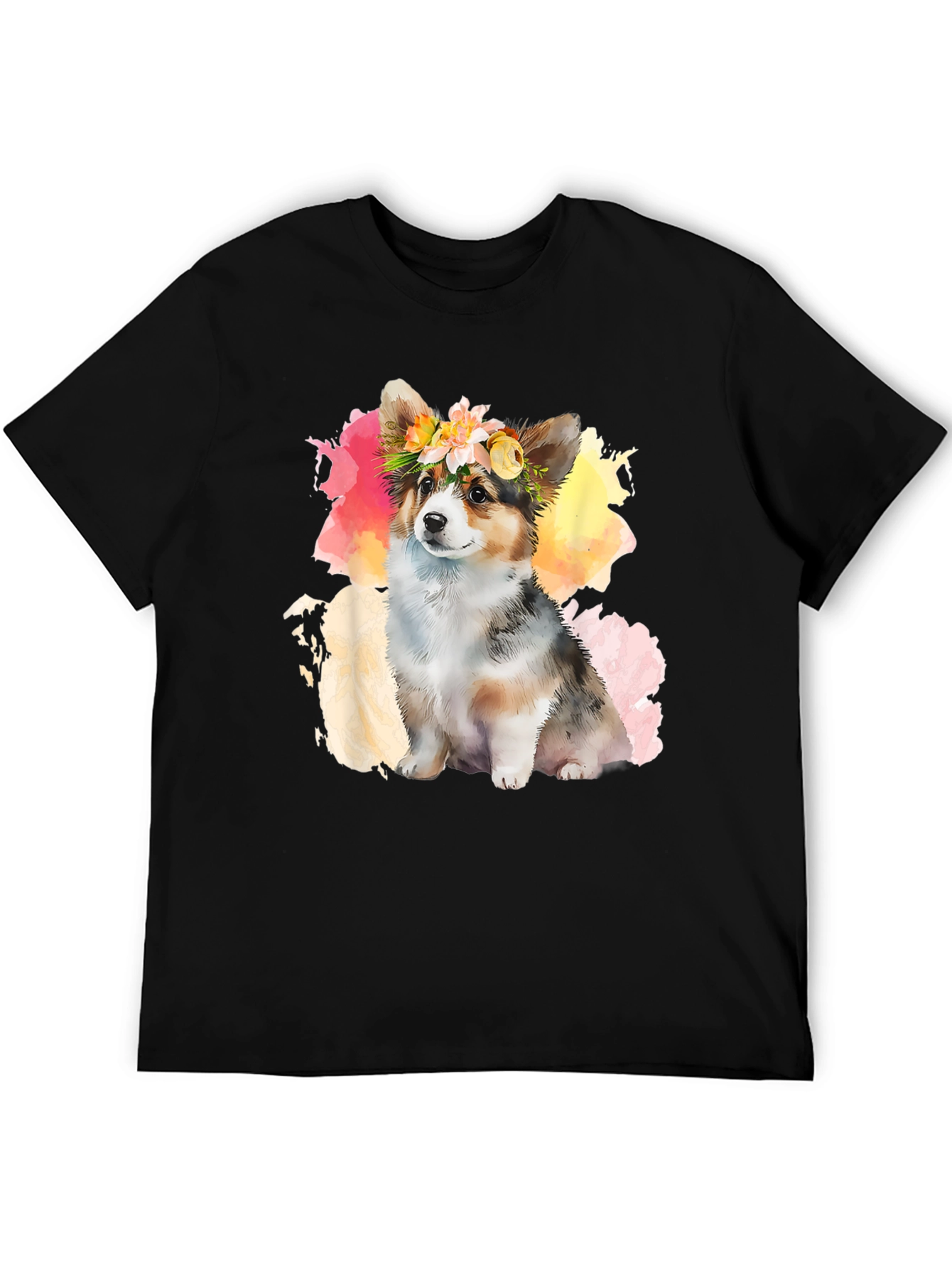 Camiseta Negra con Corgi Floral