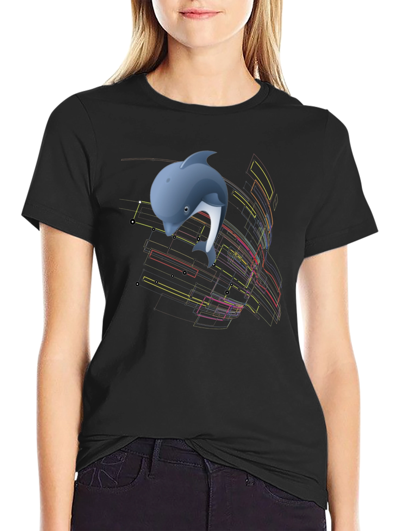 Camiseta Negra con Diseño de Delfín Abstracto