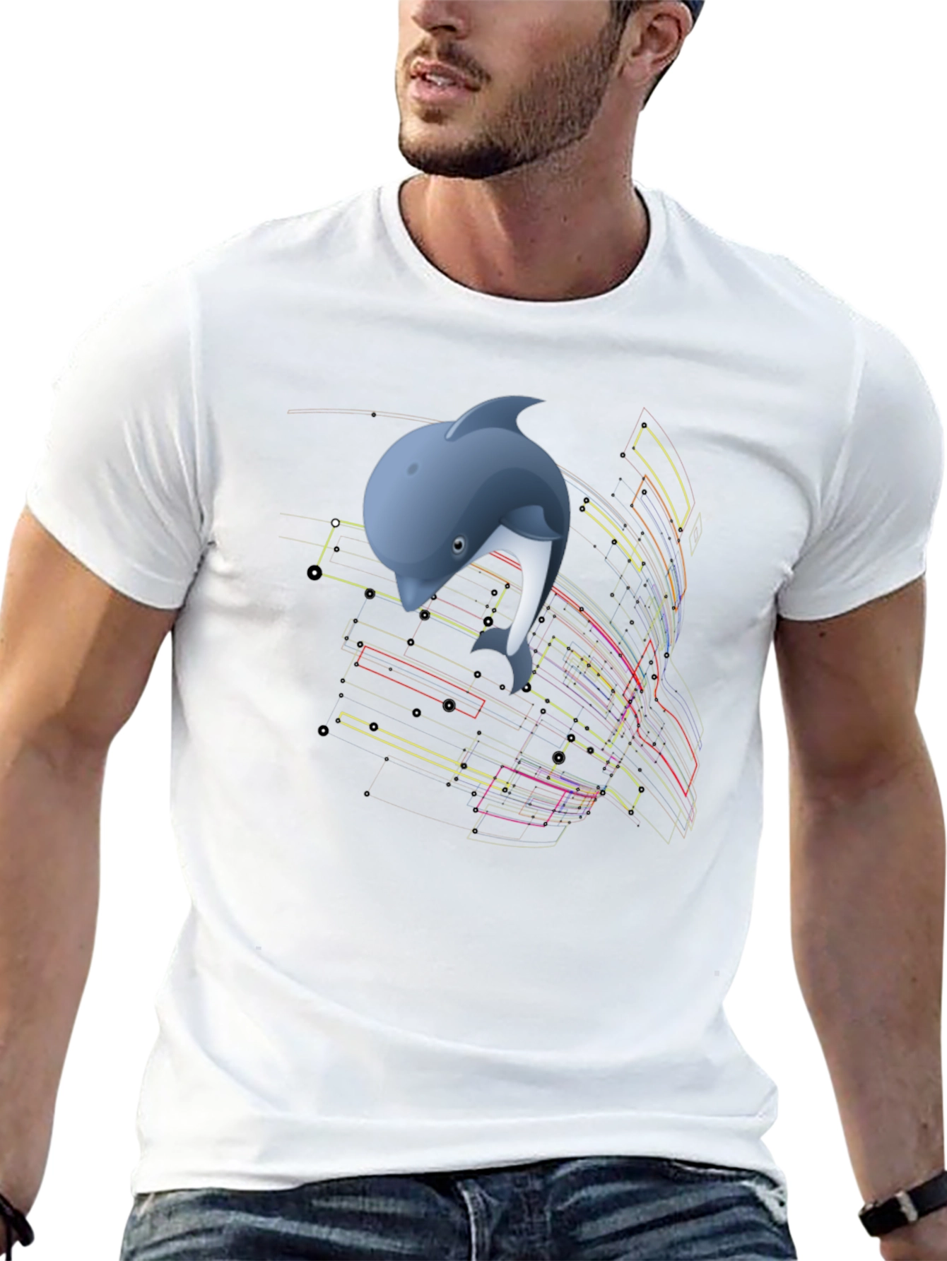Camiseta Negra con Diseño de Delfín Abstracto