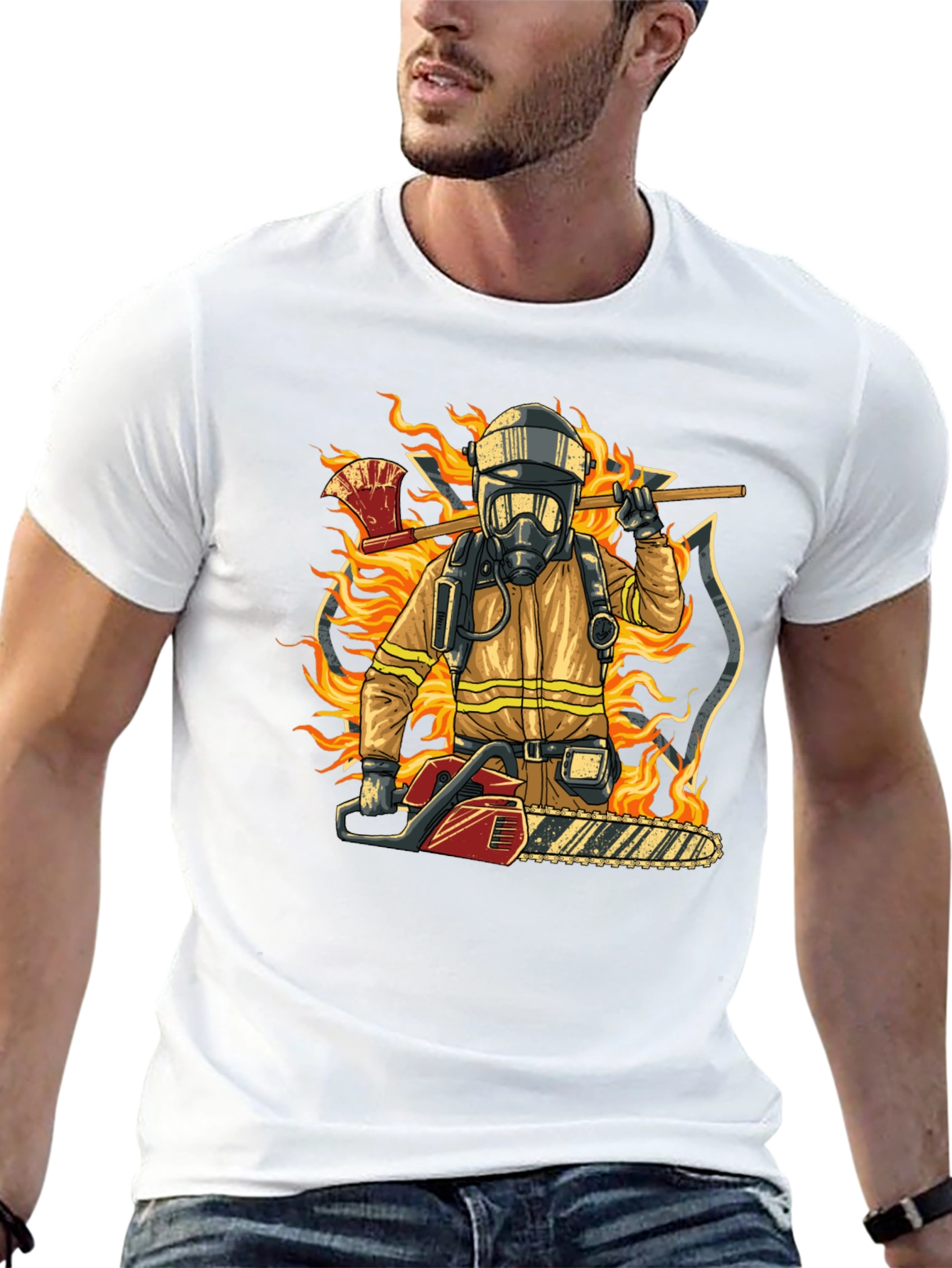 Camiseta Bombero con Motosierra y Hacha