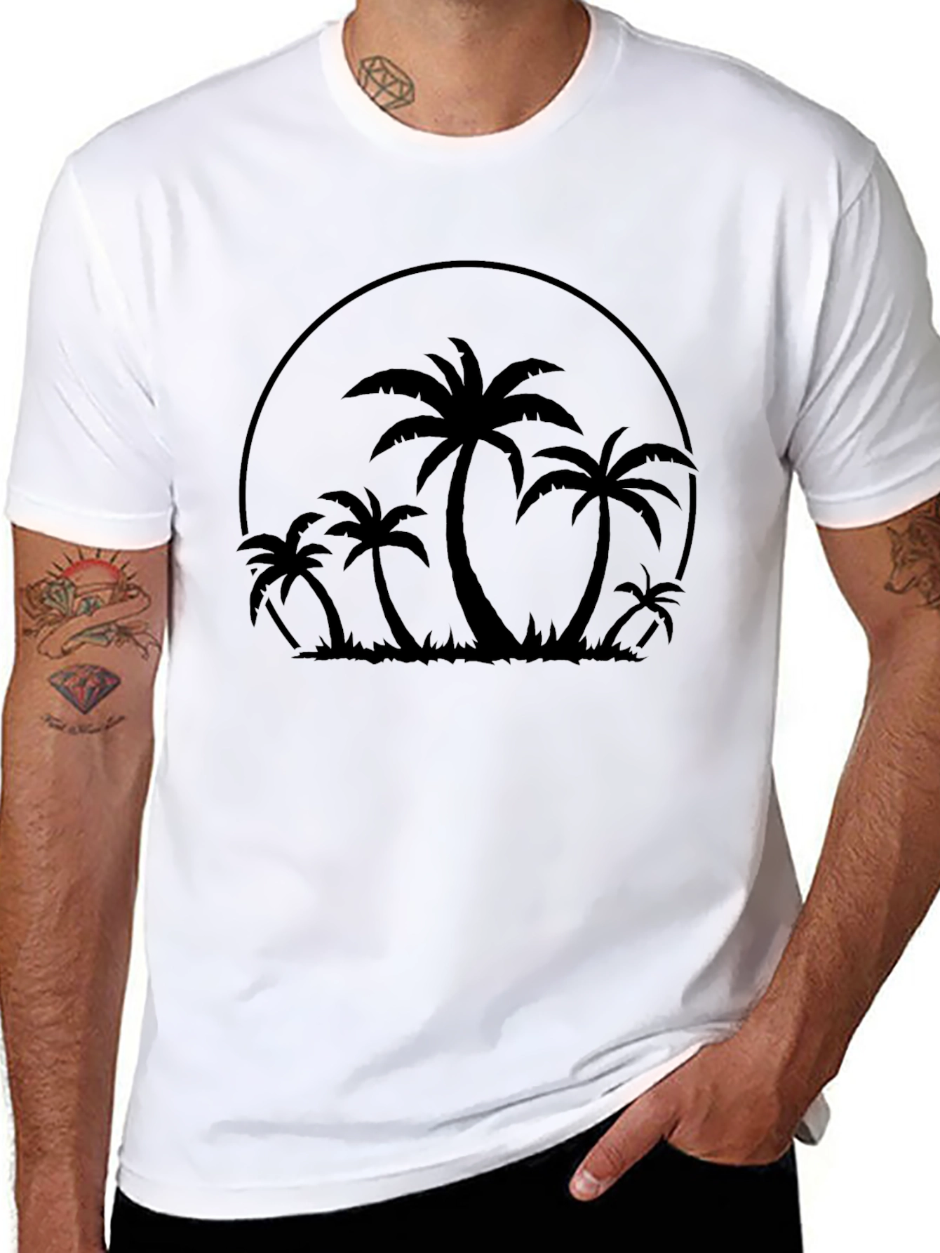 Camiseta Negra con Diseño de Palmeras Tropicales