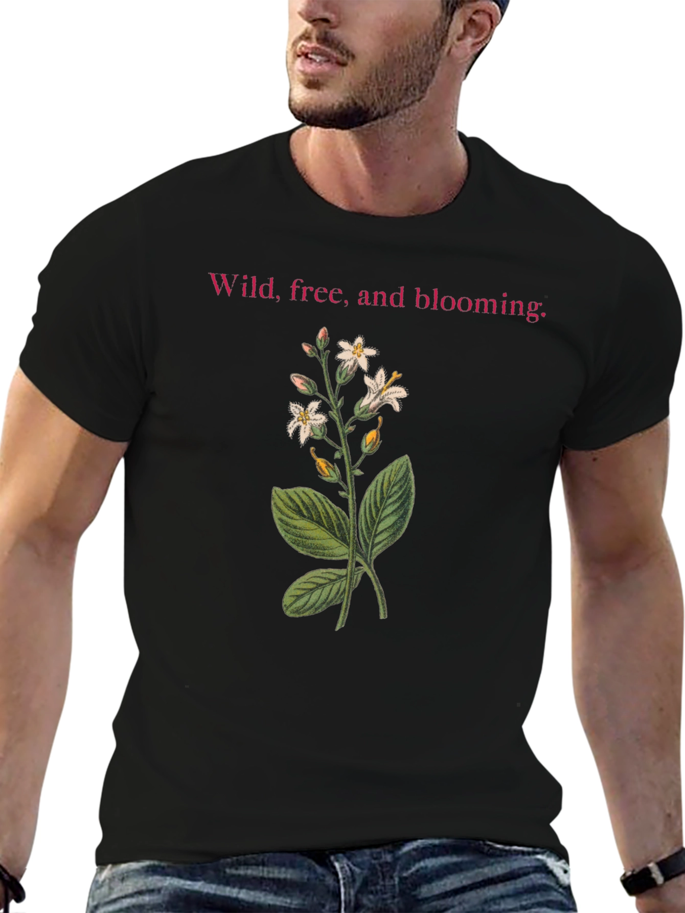 Camiseta Negra: Flores Silvestres y Libertad